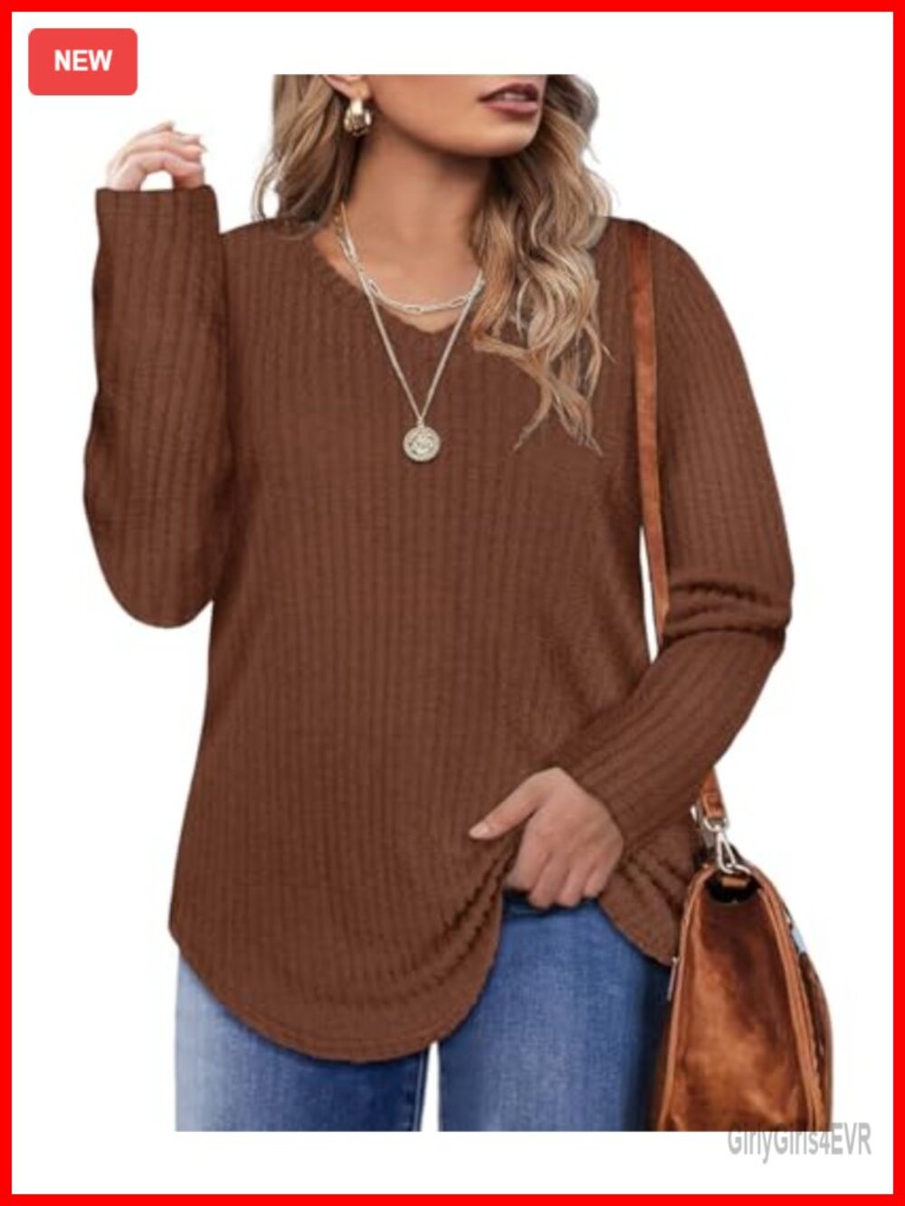 Women's Plus Size Long Sleeve V-Neck Tunic Top Lightweight Ribbed Knit